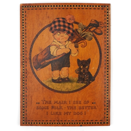 Vintage Mabel Lucie Attwell design Scottish golfer and his dog advertising panel, Raphael Tuck & Son label to the reverse, 30cm x 22cm.