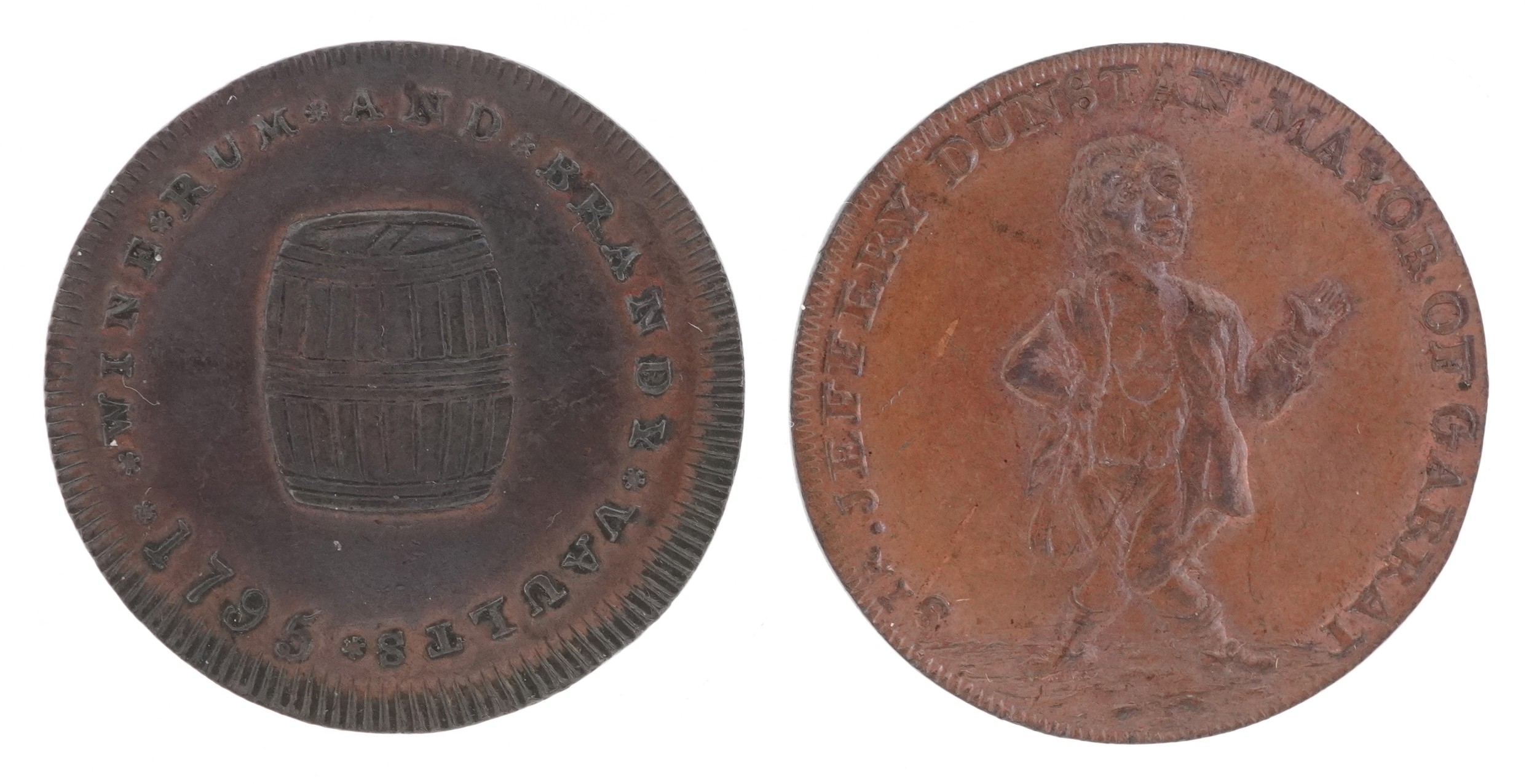 Two 18th century copper tokens, a 1795 Sir Jeffery Dunstan Mayor of ...