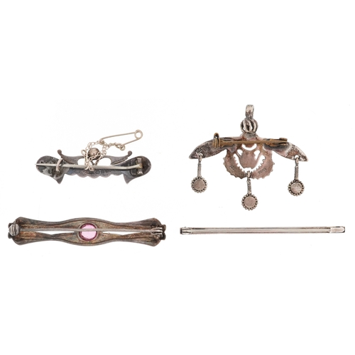 Antique and later silver brooches including a Victorian example set ...