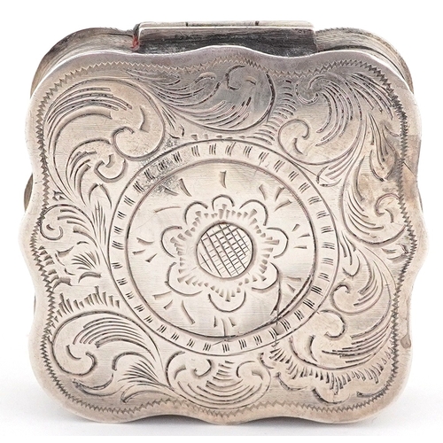 550 - Continental silver box with engine turned and engraved floral decoration, 4.8cm wide, 29.3g.