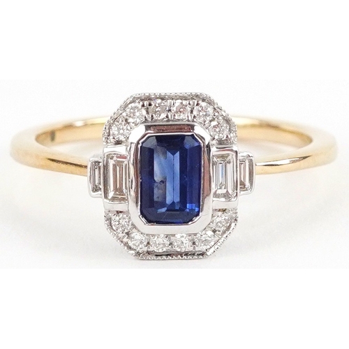 Art Deco style 9K yellow and white gold sapphire and diamond cluster ring, the sapphire 0.58 carat, total diamond weight 0.20 carat, size O/P, 2.3g.