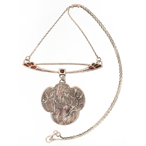 Art Nouveau style sterling silver and enamel necklace, the pendant ...
