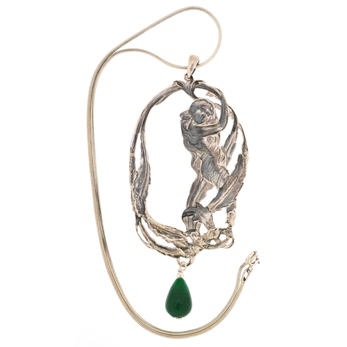Art Nouveau style sterling silver maiden pendant with green stone drop ...