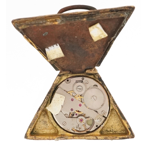 Masonic interest gilt metal triangular top wind pocket watch, 6cm high.