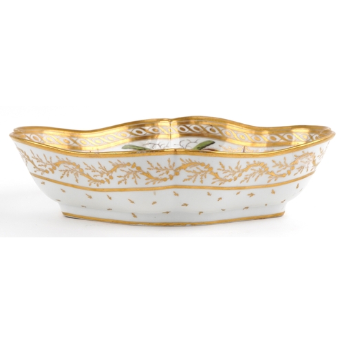 14 - 18th century French porcelain scalloped dish hand painted with a basket of flowers raised on an ostr... 