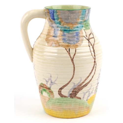 2 - Bizarre by Clarice Cliff, large Wilkinson pottery lotus jug hand painted in the Viscaria pattern, 28... 