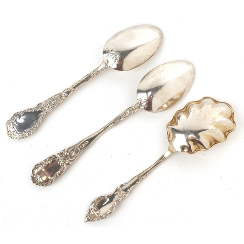 Three American sterling silver spoons, each with embossed floral ...