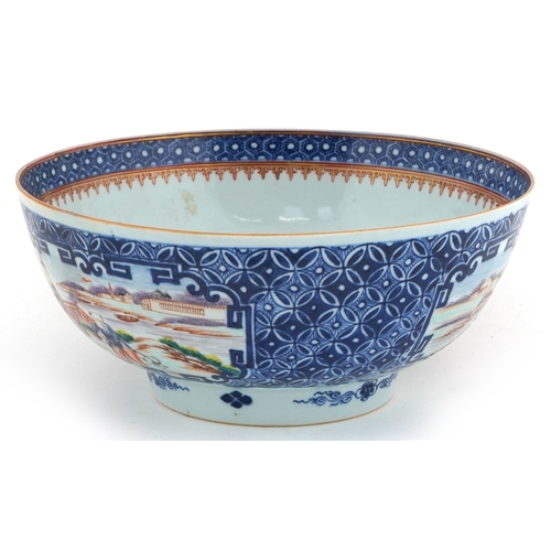 57 - Chinese porcelain fruit bowl hand painted in the famille rose palette with panels of figures before ... 