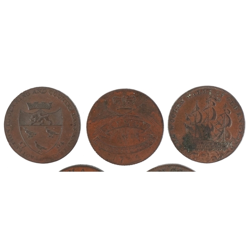 Five 18th century copper halfpenny tokens comprising a 1795 Frederick ...