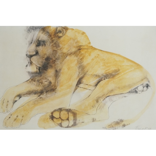 Elisabeth Frink - Recumbent lion, coloured lithograph, pencil signed Frink '68, framed and glazed, image size 52cm x 34cm.