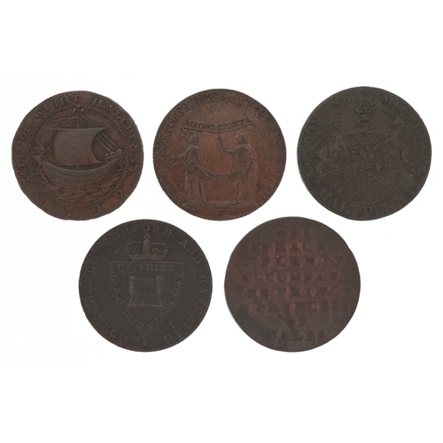 Five 18th century copper halfpenny tokens comprising and 18th century ...
