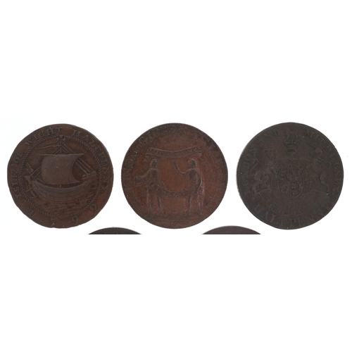 Five 18th century copper halfpenny tokens comprising and 18th century ...