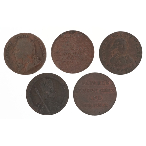 Five 18th century copper halfpenny tokens comprising and 18th century ...