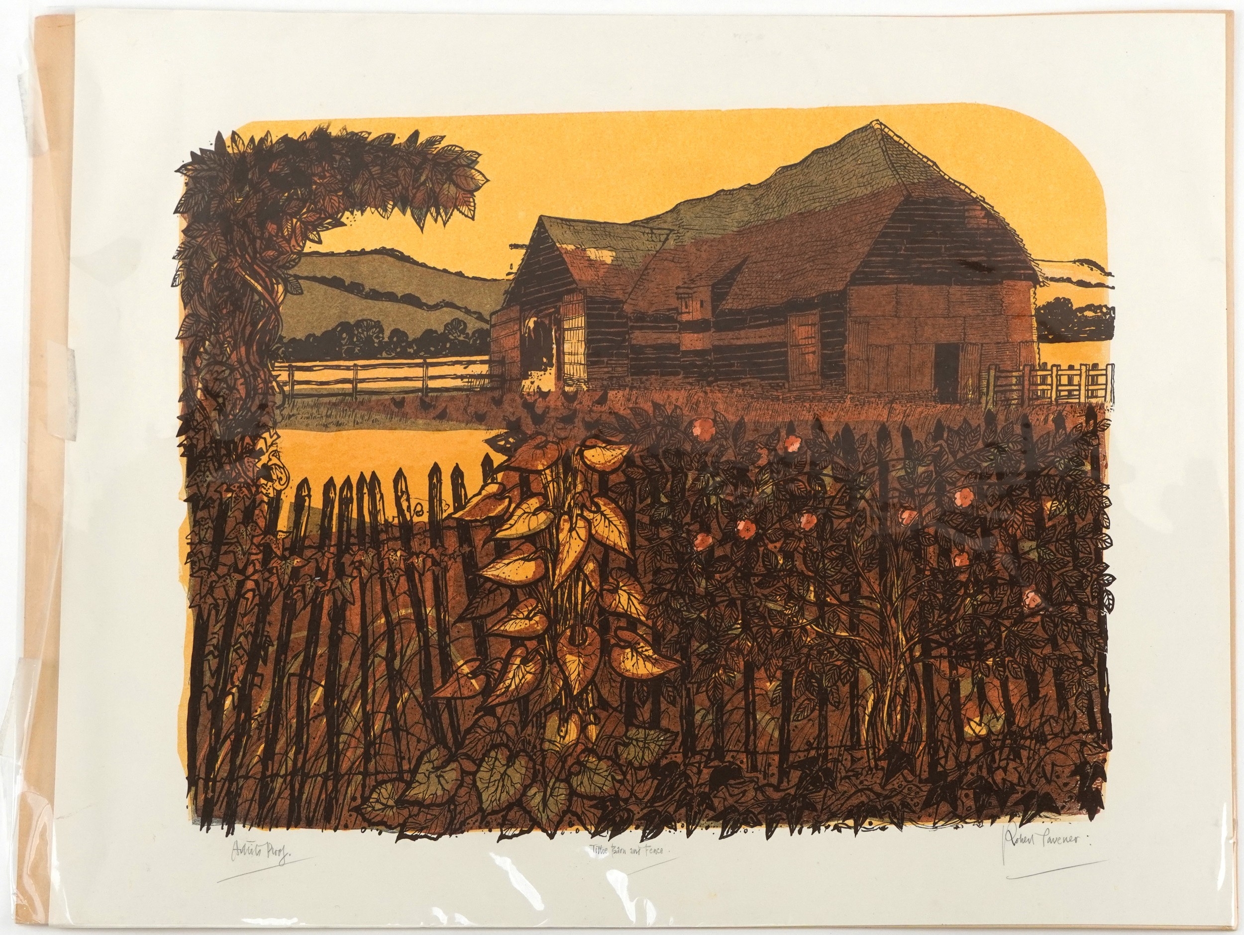 Robert Tavener - Tithe Barn & Fence, pencil signed artist's proof ...