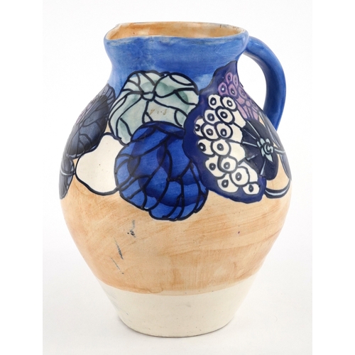 11 - Charlotte Rhead for Bursley Ware, Art Deco pottery jug hand painted with flowers, 21cm high.