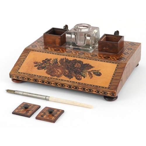 Victorian Tunbridge Ware desk stand decorated with flowers, having a glass inkwell, 21cm wide.