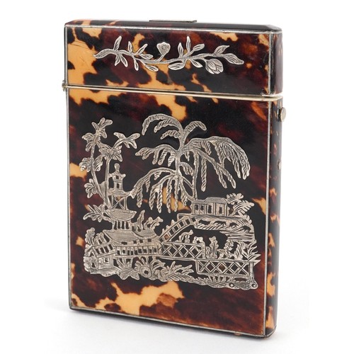 19th century silver piqué work tortoiseshell card case, 10cm x 7.4cm.