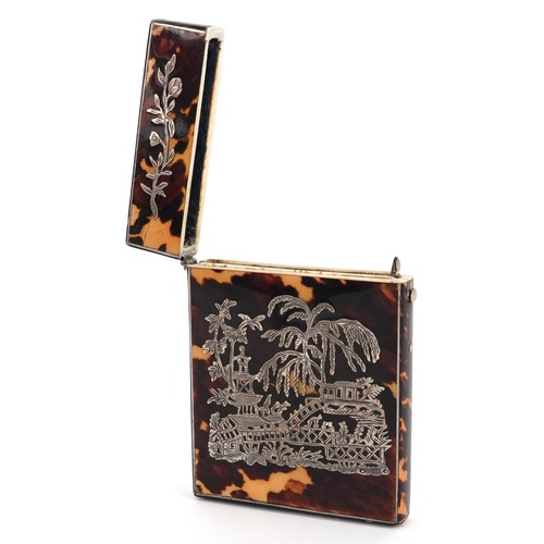  19th century silver piqué work tortoiseshell card case, 10cm x 7.4cm.