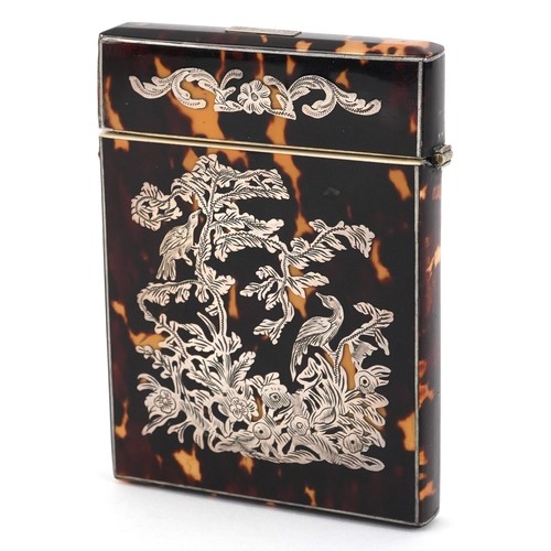  19th century silver piqué work tortoiseshell card case, 10cm x 7.4cm.