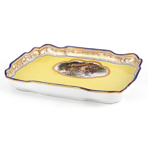  Meissen 19th century German porcelain tray hand painted onto a yellow ground with a cartouche of cou... 