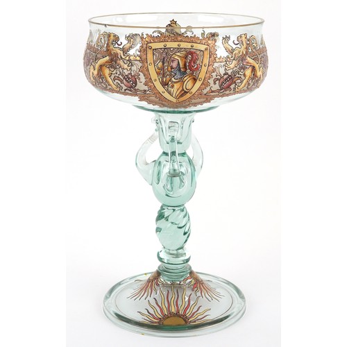  ZZZ Green glass pedestal tazza hand painted with heraldic crest, 29cm high.