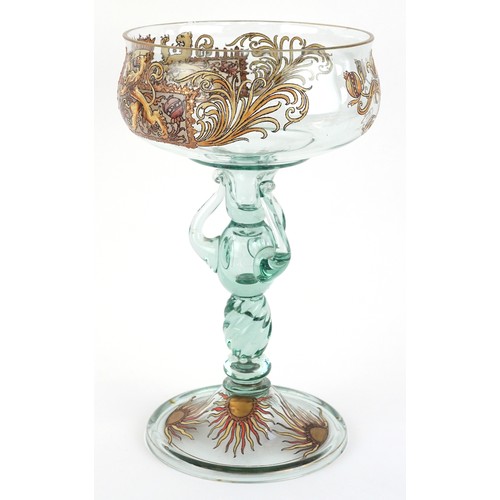  ZZZ Green glass pedestal tazza hand painted with heraldic crest, 29cm high.