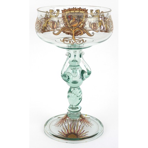  ZZZ Green glass pedestal tazza hand painted with heraldic crest, 29cm high.
