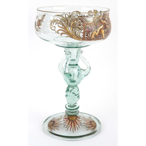  ZZZ Green glass pedestal tazza hand painted with heraldic crest, 29cm high.