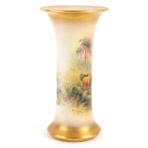  Harry Stinton for Royal Worcester, early 20th century trumpet vase hand painted with Highland cattle... 