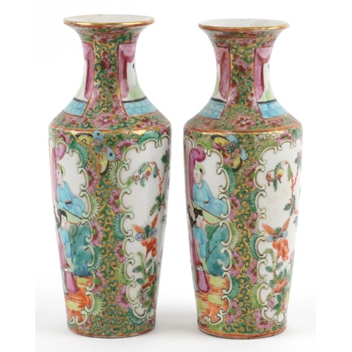 55 - Pair of Chinese Canton porcelain vases hand painted in the famille verte palette with figures in a p... 