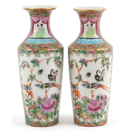 55 - Pair of Chinese Canton porcelain vases hand painted in the famille verte palette with figures in a p... 