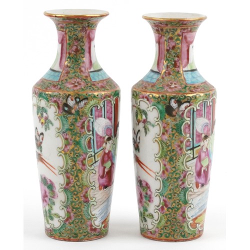 55 - Pair of Chinese Canton porcelain vases hand painted in the famille verte palette with figures in a p... 