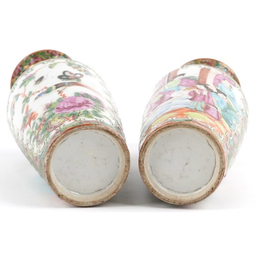 55 - Pair of Chinese Canton porcelain vases hand painted in the famille verte palette with figures in a p... 
