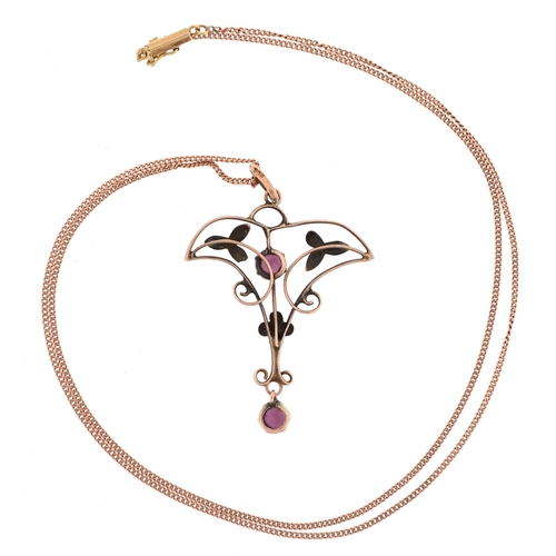 3050 - Edwardian 9ct gold purple stone openwork pendant on a gold necklace, the clasp marked 14ct gold, 4cm... 