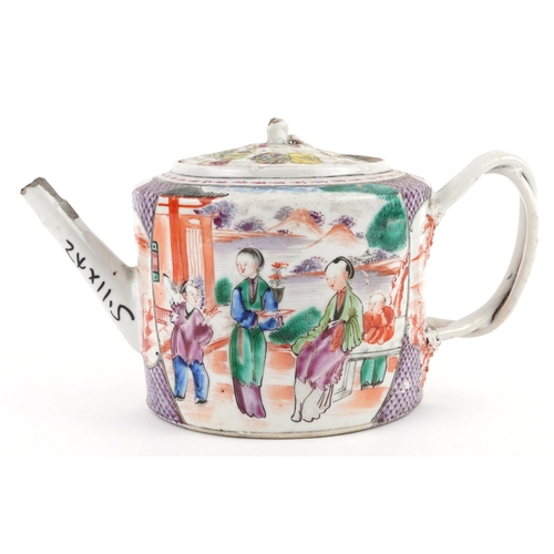 42 - Chinese porcelain teapot hand painted in the famille rose palette with figures before pavilions, 24c... 