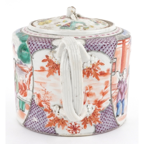 42 - Chinese porcelain teapot hand painted in the famille rose palette with figures before pavilions, 24c... 