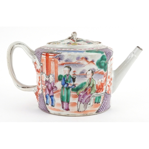 42 - Chinese porcelain teapot hand painted in the famille rose palette with figures before pavilions, 24c... 
