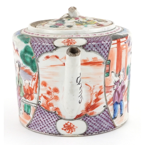 42 - Chinese porcelain teapot hand painted in the famille rose palette with figures before pavilions, 24c... 