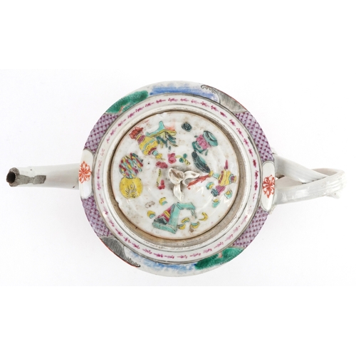 42 - Chinese porcelain teapot hand painted in the famille rose palette with figures before pavilions, 24c... 