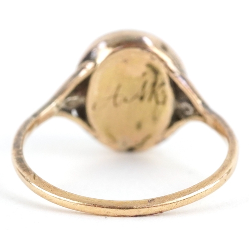 3021 - Antique unmarked gold cabochon moonstone ring, size P, 3.1g, housed in a ring box.