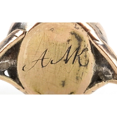 3021 - Antique unmarked gold cabochon moonstone ring, size P, 3.1g, housed in a ring box.