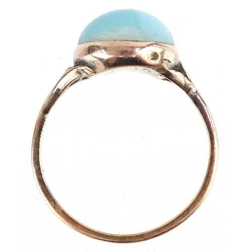 3021 - Antique unmarked gold cabochon moonstone ring, size P, 3.1g, housed in a ring box.