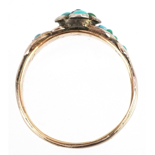  Antique 18ct gold turquoise and ruby flower head ring with scrolled shoulders, size N/O, 2.6g, house... 