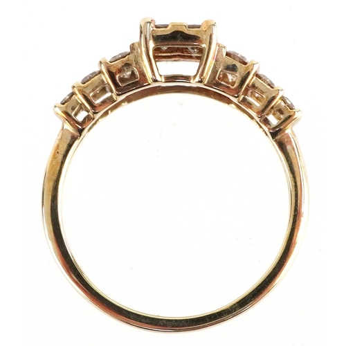 3057 - 9K gold diamond grid cluster ring with diamond set shoulders, size N, 2.9g.