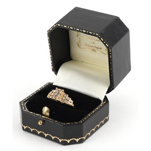 3057 - 9K gold diamond grid cluster ring with diamond set shoulders, size N, 2.9g.