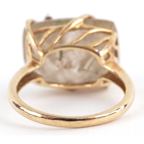 3027 - Naturalistic 9ct gold diamond and quartz leaf design ring, size P, 5.8g.