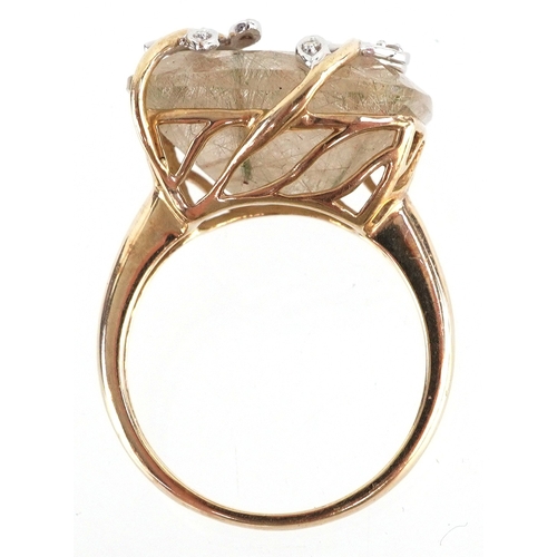 3027 - Naturalistic 9ct gold diamond and quartz leaf design ring, size P, 5.8g.