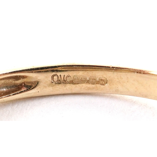 3027 - Naturalistic 9ct gold diamond and quartz leaf design ring, size P, 5.8g.