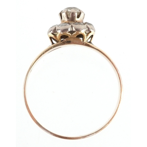 3031 - Antique 9ct gold old cut diamond cluster ring, size P, 3.3g.