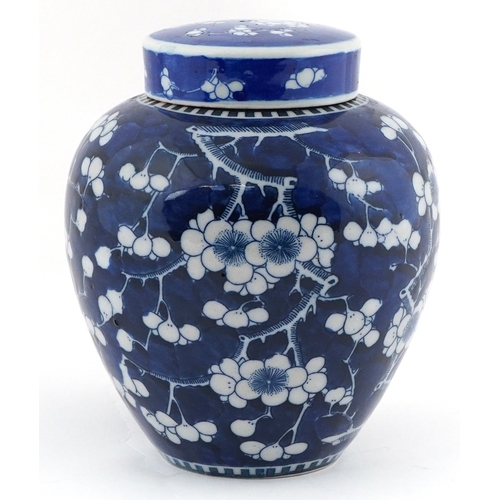 43 - Chinese porcelain blue and white ginger jar and cover hand painted in the prunus pattern, four figur... 
